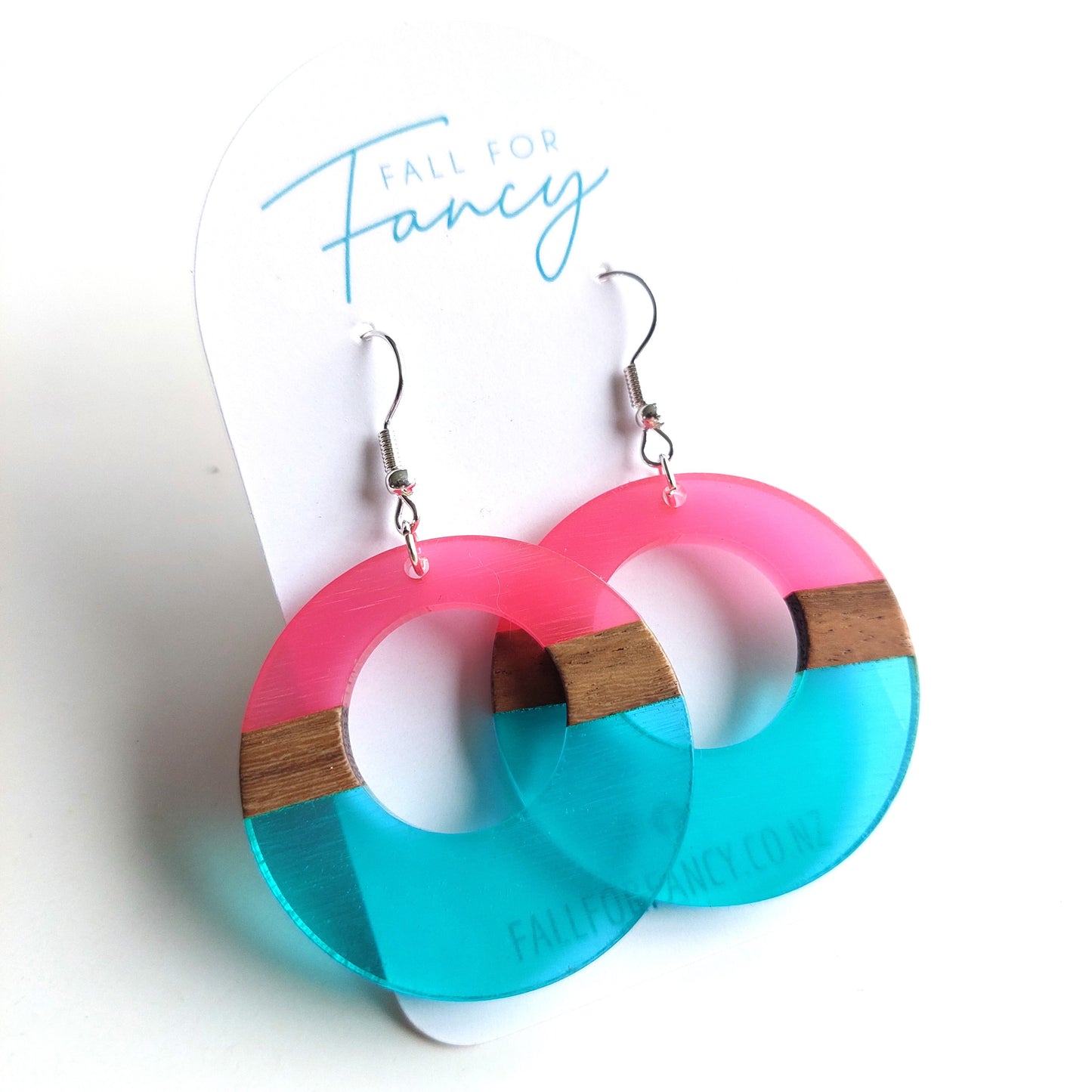 XL Wood & Resin Earrings - Pink and Aqua