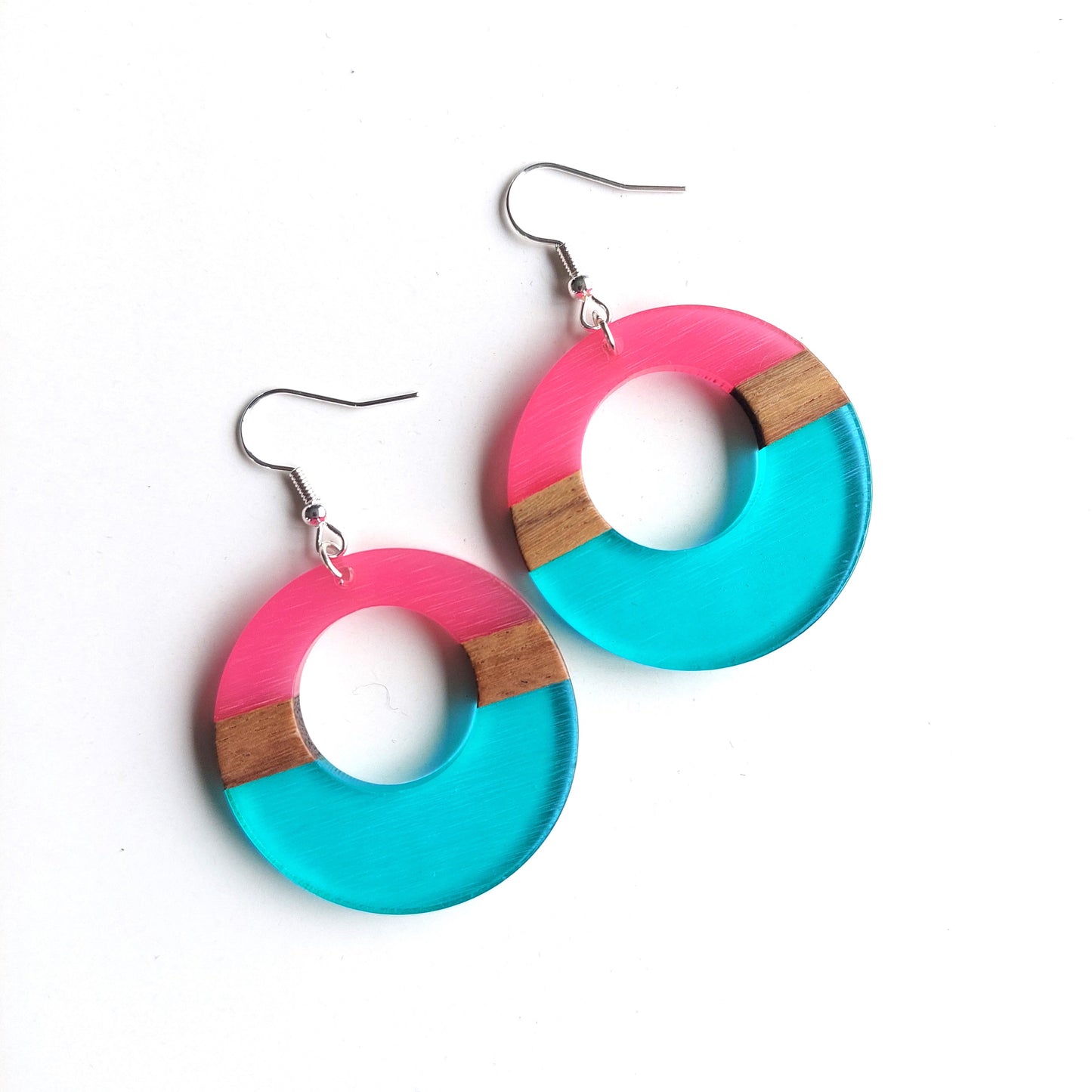 XL Wood & Resin Earrings - Pink and Aqua