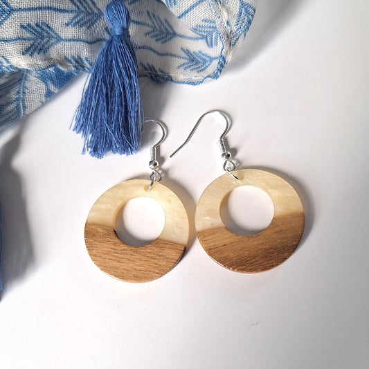 Wood & Resin Ring Earrings - Pearl