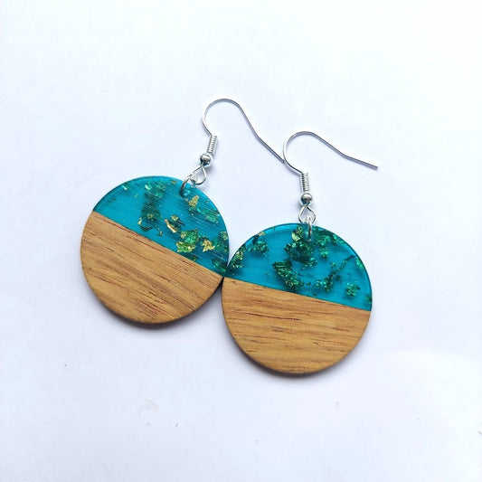 Large round wood and resin drops - Turquoise sparkle