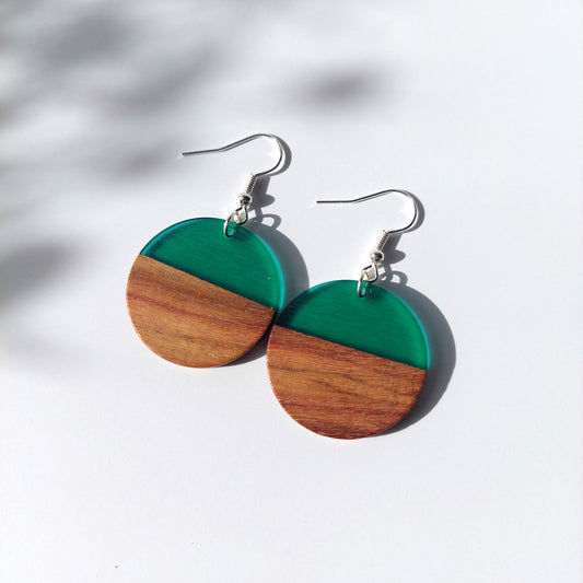 Large round wood and resin drops - Emerald Green